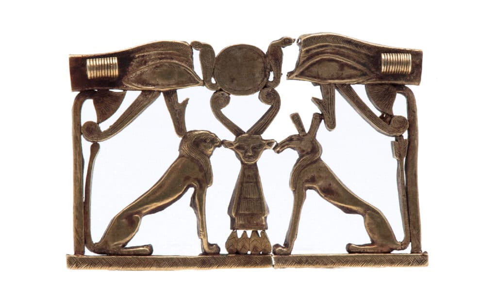 Cloisonné pectoral depicting Horus and Seth. Middle Kingdom, 12th Dynasty, 1985-1773 BCE. Electrum, lapis lazuli, carnelian, feldspar. [ECM 1585]
